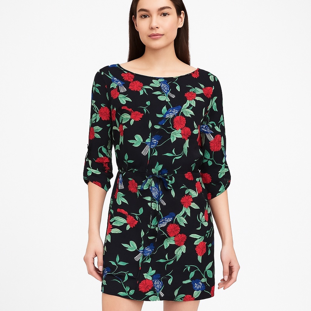 Banana Republic Bird Floral Drawstring Waist Dress Navy XS